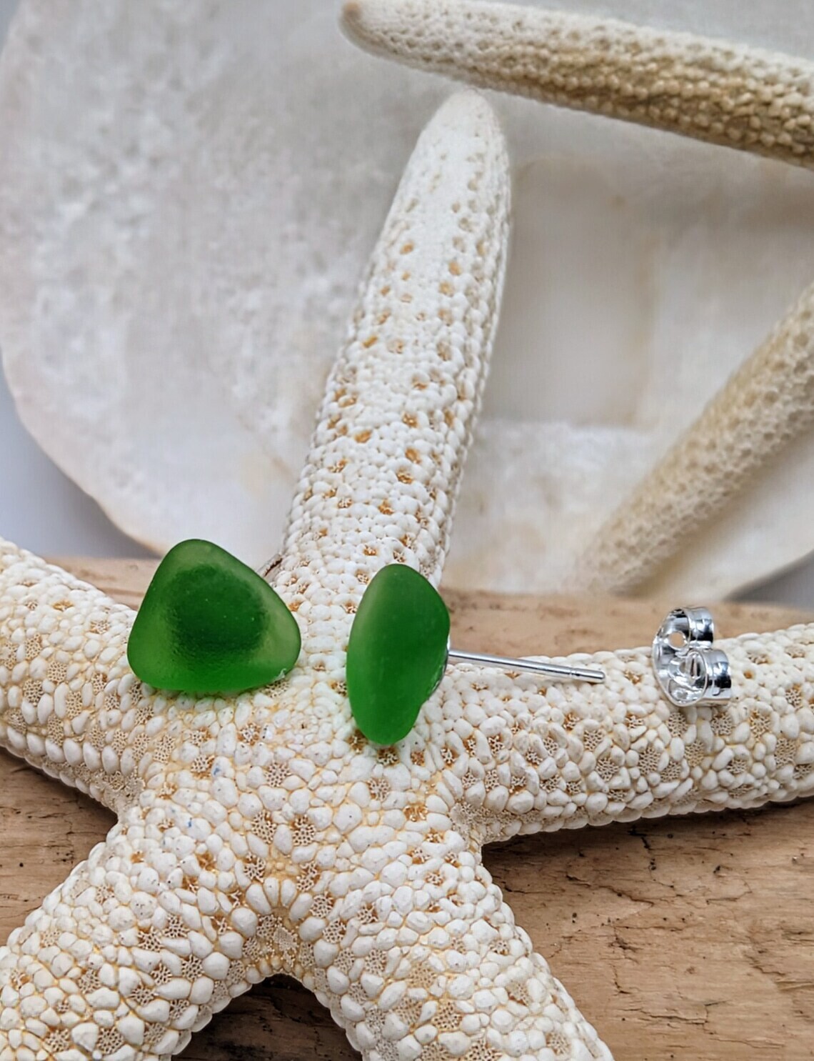 Green Seaglass Stud Earrings- Kim&#39;s Beachy Designs 