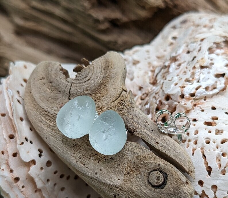 White Seaglass Stud Earrings- Kim&#39;s Beachy Designs 