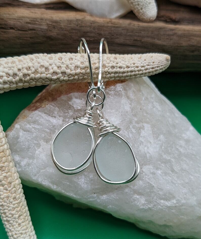 White Seaglass Drop Earrings- Kim&#39;s Beachy Designs