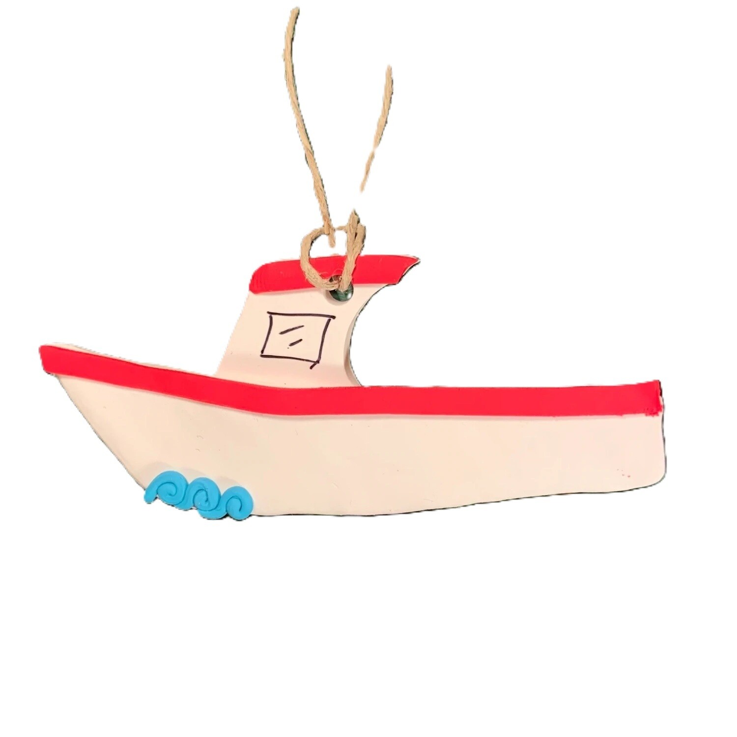 Clay Red Fishing Boat Ornament 