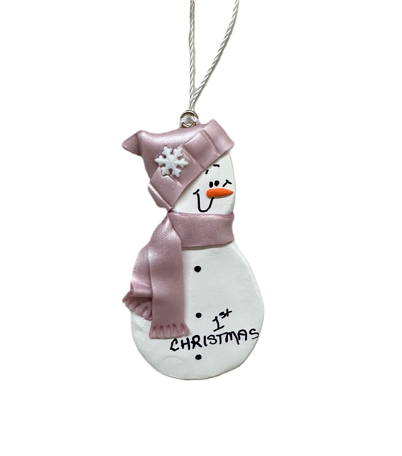 Clay Pink Snowman 1st Christmas Ornament