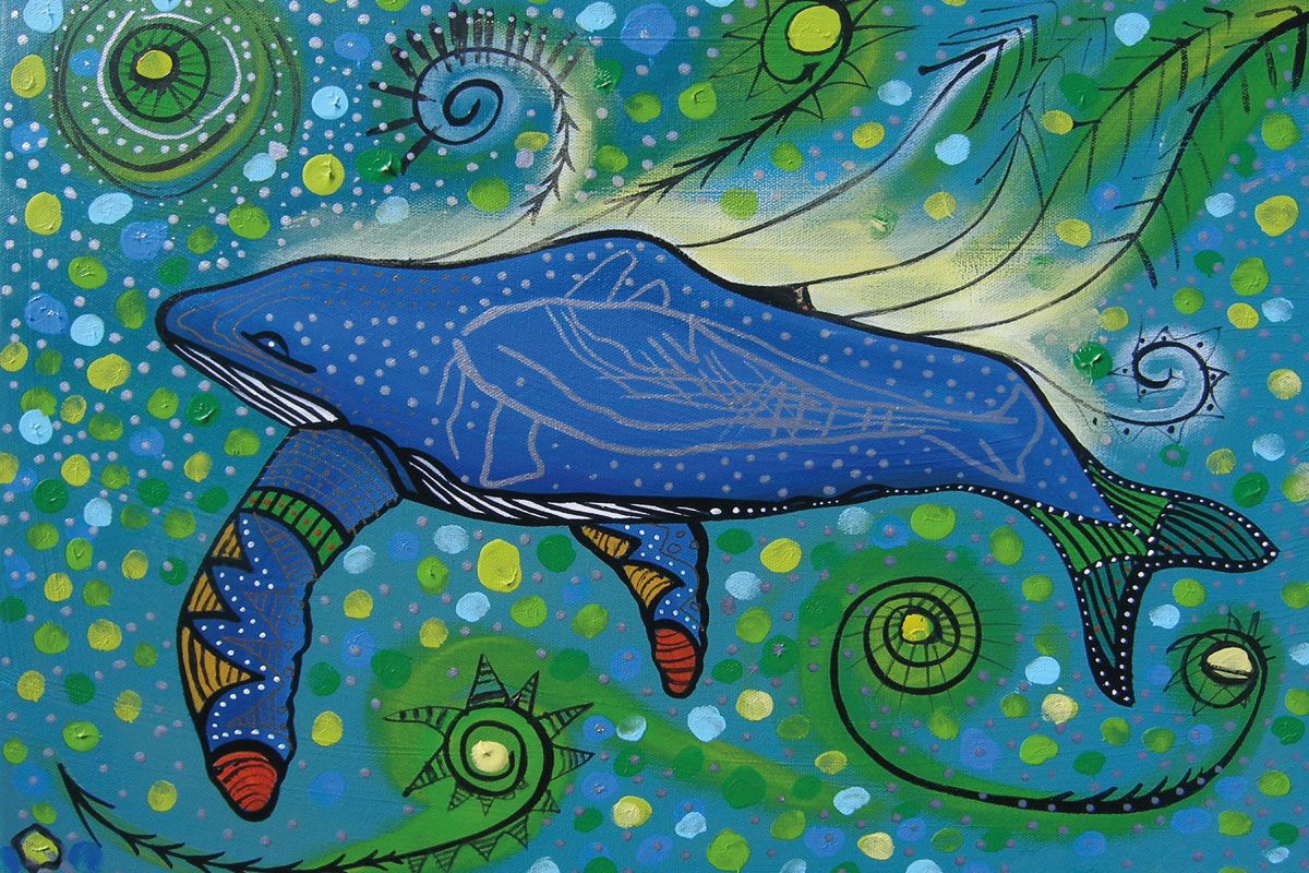 Humpback Swimming with Yellow Bubbles: Print on Canvas - Alan Syliboy