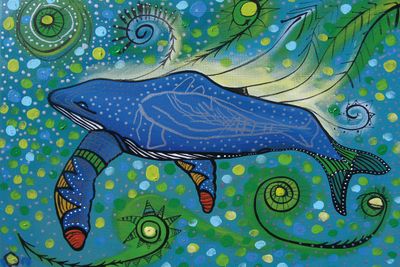Humpback Swimming with Yellow Bubbles: Print on Canvas - Alan Syliboy