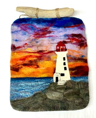 Large Felted Lighthouse with Sunset on Driftwood 