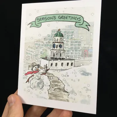 Season&#39;s Greetings Town Clock &amp; Snowman Flat Card- Bard Bard Bard 