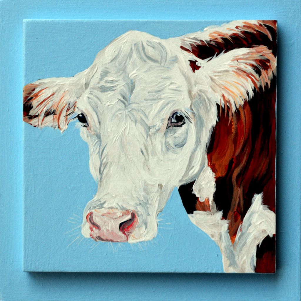 Minnie Mae the Hereford on Light Blue 