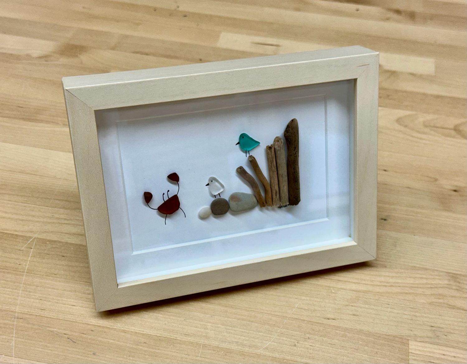 Small Fused Glass Crab &amp; Birds (woodgrain frame) - Moxy