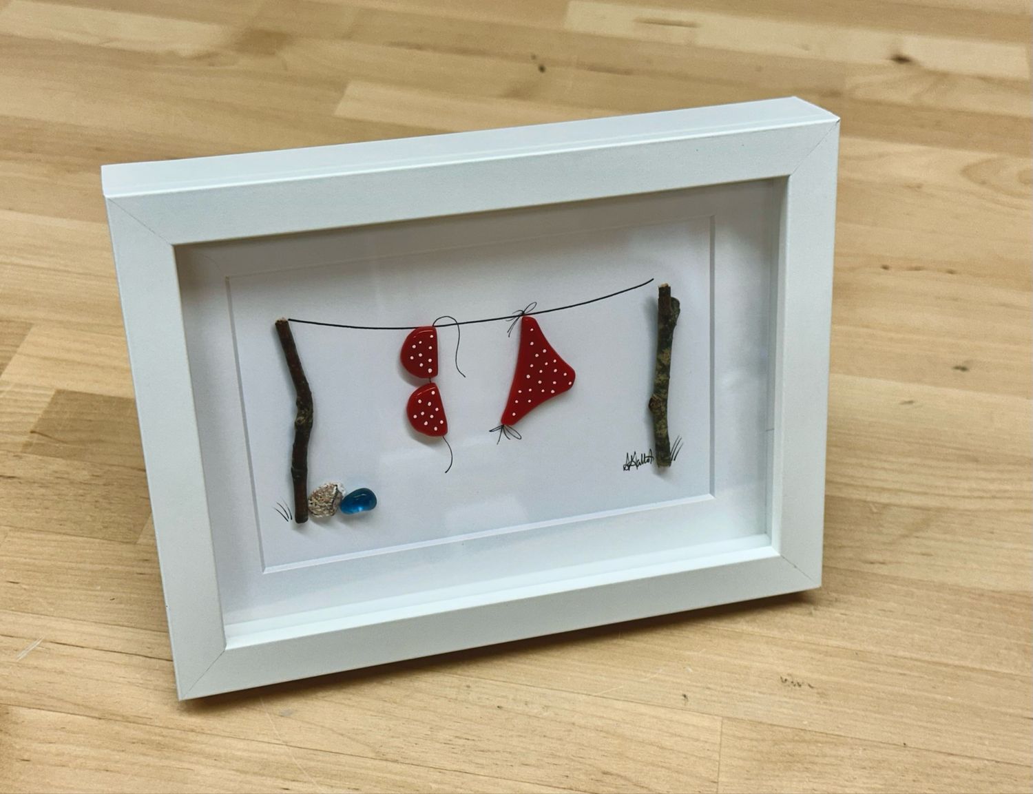 Small Fused Glass Red Bikini Clothesline Art (white frame) - Moxy