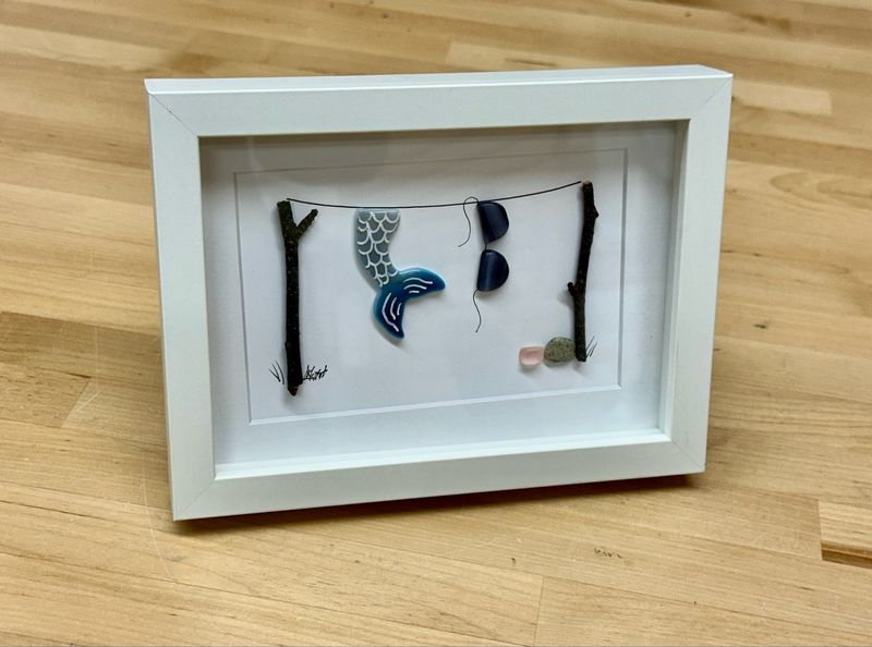 Small Fused Glass Mermaid Clothesline Art (white frame) - Moxy
