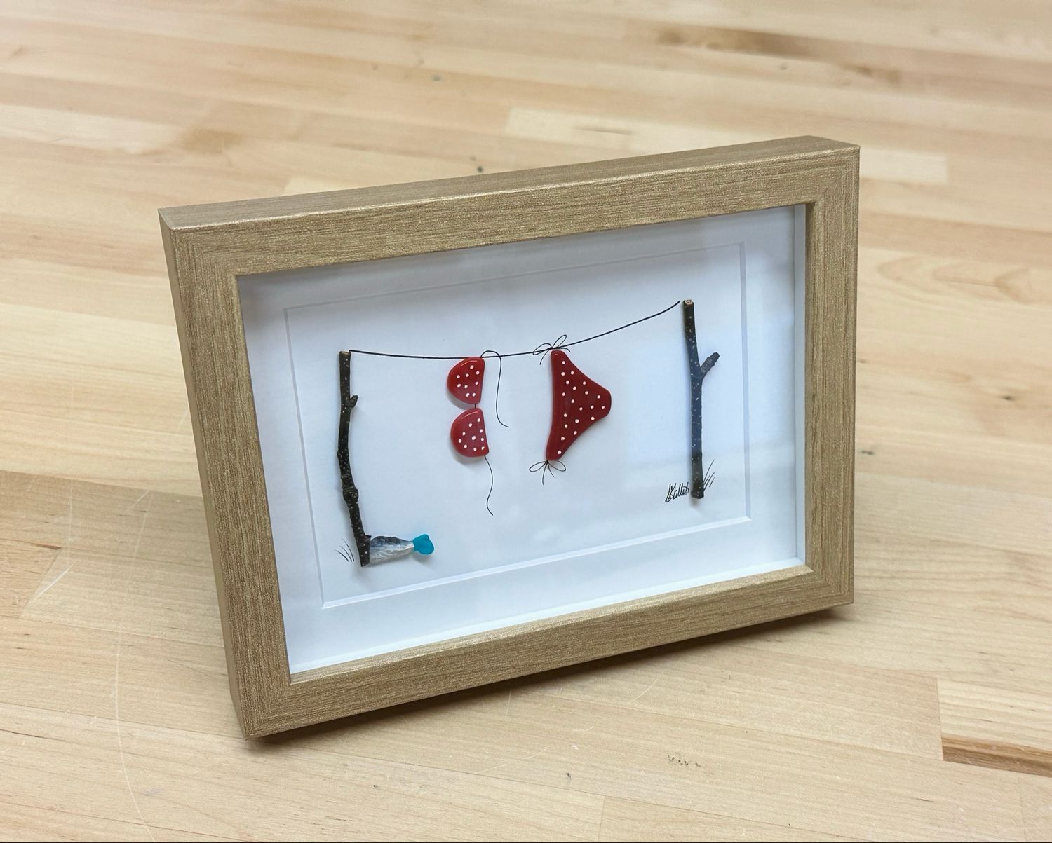 Small Fused Glass Red Bikini Clothesline Art (woodgrain frame) - Moxy