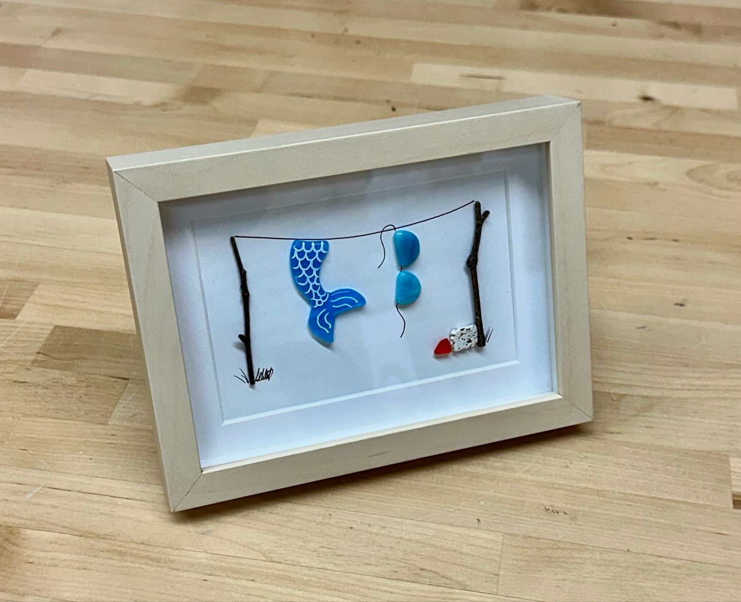 Small Fused Glass Mermaid Clothesline Art (woodgrain frame) - Moxy