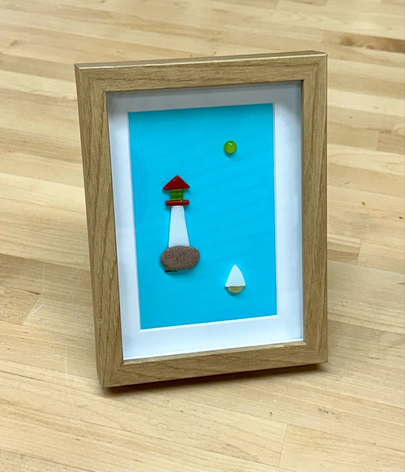Small Fused Glass Lighthouse Art (woodgrain frame) - Moxy