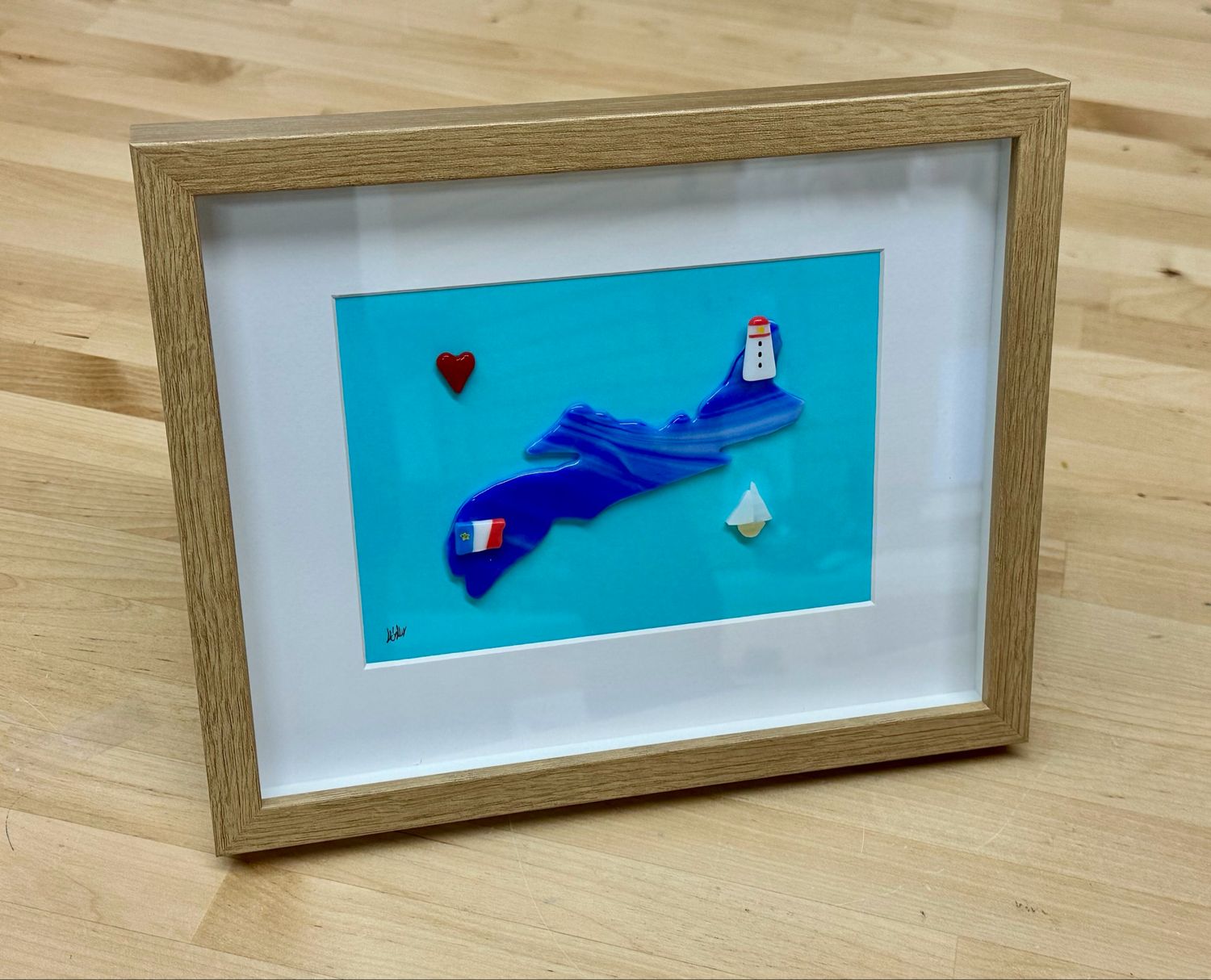Fused Glass Nova Scotia Map with Lighthouse Art (woodgrain frame) - Moxy