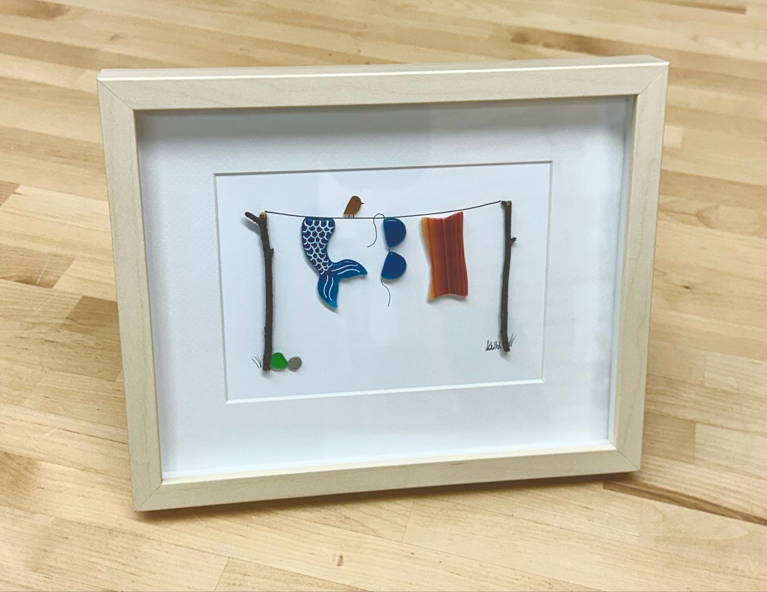 Fused Glass Mermaid Clothesline Art (woodgrain frame) - Moxy