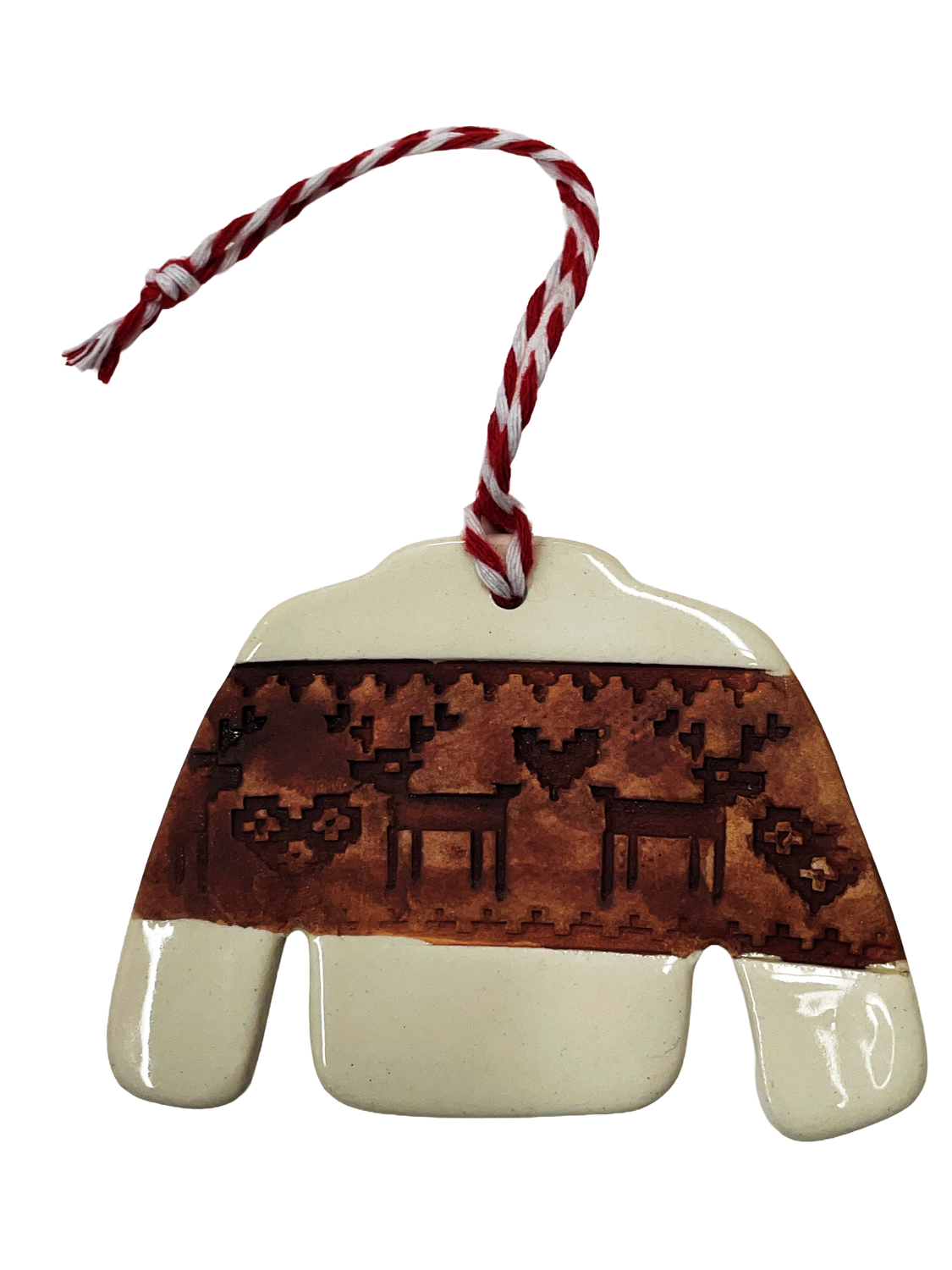 Ugly Sweater with Reindeer Stripe Porcelain Ornament - MITM Ugly Sweater with Reindeer Stripe Porcelain Ornament - MITM