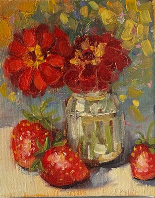 Zinnias and Strawberries - Evgenia Makogon