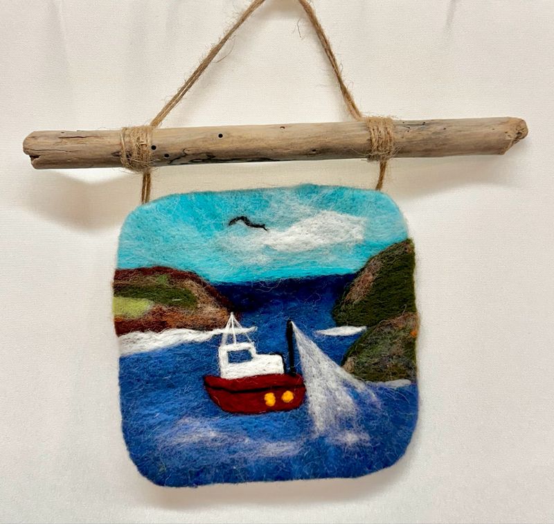 Small Felted Wall Art - Boat in Cove Small Felted Wall Art - Boat in Cove