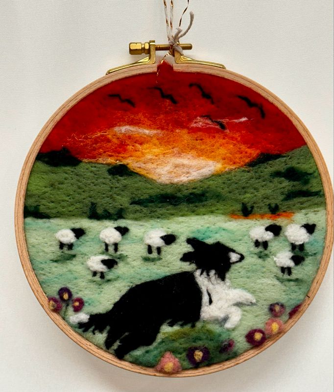 Large Felted Wall Art in Hoop - Dog & Sheep Large Felted Wall Art in Hoop - Dog & Sheep