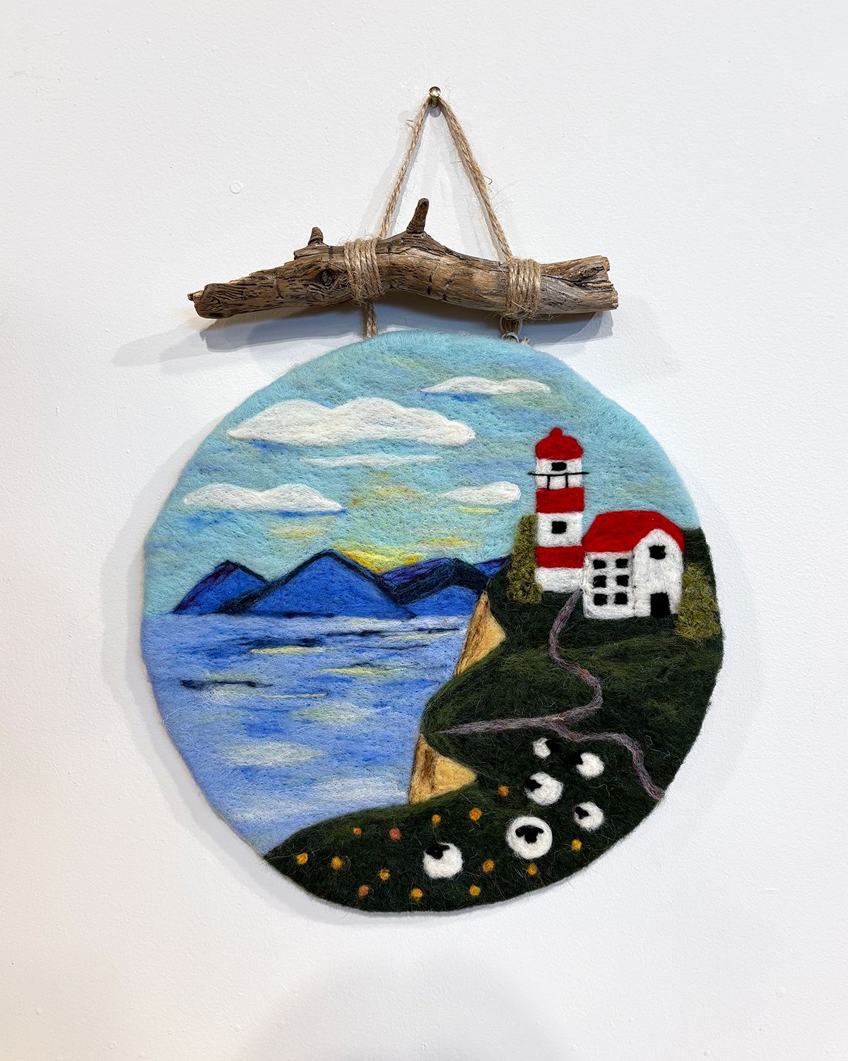Large Felted Wall Art with Driftwood - Coastline Lighthouse - Magic of Wool