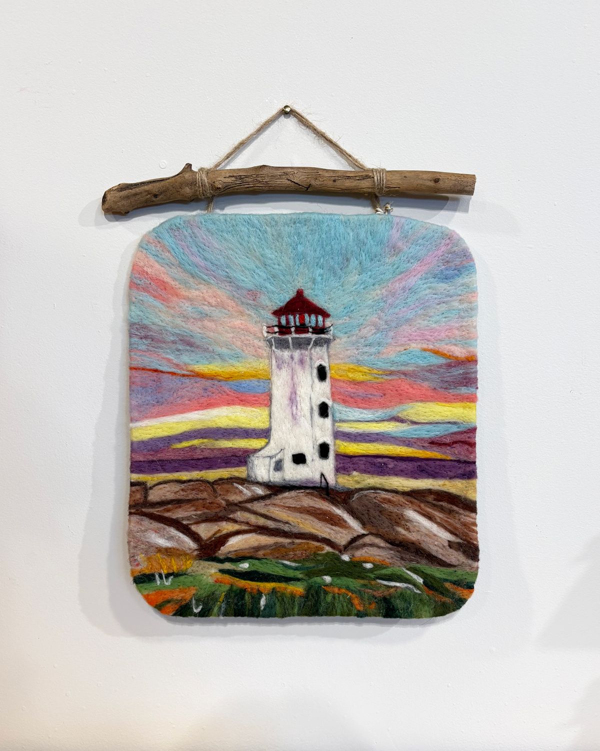 Large Felted Wall Art with Driftwood - Peggy's Cove Sunset - Magic of Wool
