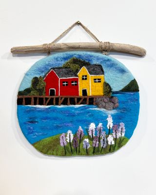 Large Felted Wall Art with Driftwood -  Houses on The Coast - Magic of Wool
