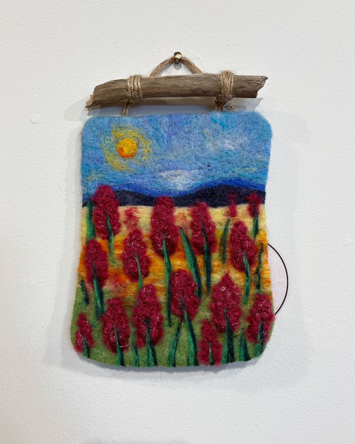 Small Felted Wall Art with Driftwood - Lupin Field - Magic of Wool