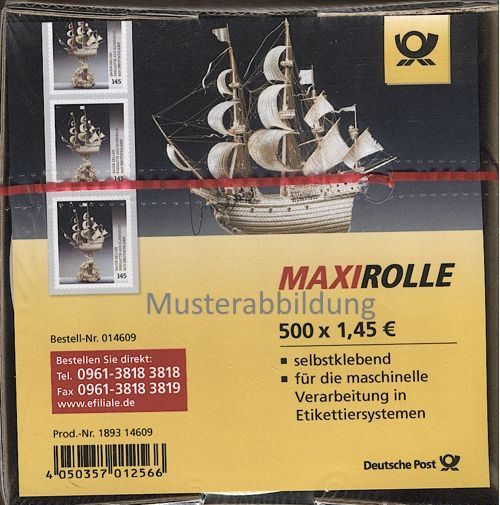 1,45 Briefmarken - J) Selbstklebend 500 Stück in Maxirolle Fregatte