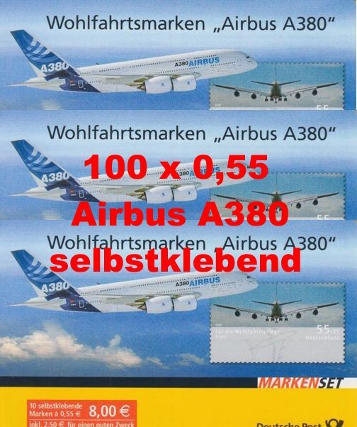 0,55 Briefmarken - L) Selbstklebend 100 Stück in Markensets Airbus A380 0,55 Briefmarken - L) Selbstklebend 100 Stück in Markensets Airbus A380