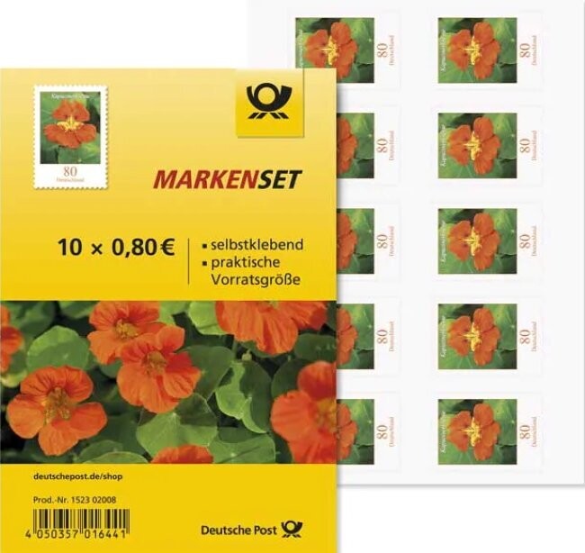 0,80 Briefmarken - H) Selbstklebend 10 Stück im Markenset Kapuzinerkresse 0,80 Briefmarken - H) Selbstklebend 10 Stück im Markenset Kapuzinerkresse