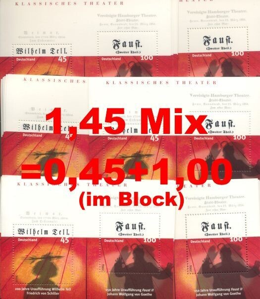 0,45+1,00 = 1,45 Briefmarken Kombination - 100 Stück als Blocks