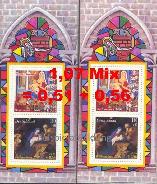 0,51+0,56 = 1,07 Briefmarken Kombination - 100 Stück aus Blocks 0,51+0,56 = 1,07 Briefmarken Kombination - 100 Stück aus Blocks