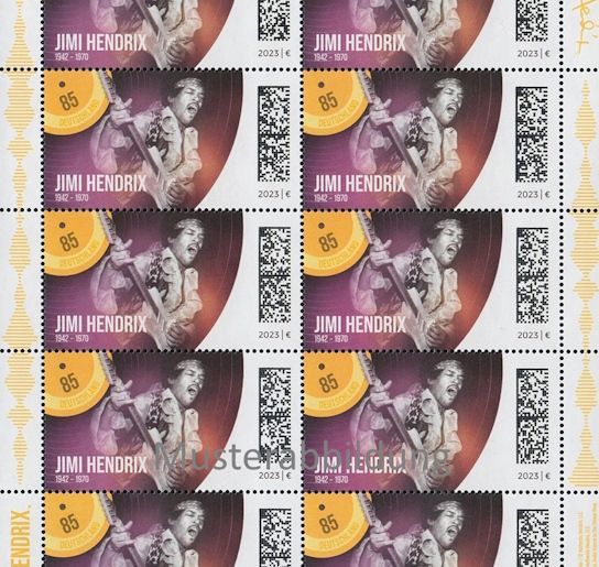 0,85 Briefmarken - B) 100 Stück Jimi Hendrix in Bogen 0,85 Briefmarken - B) 100 Stück Jimi Hendrix in Bogen