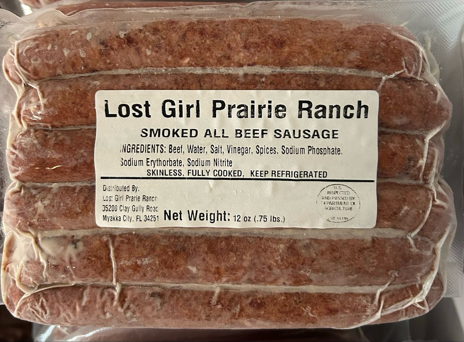 Lost Girl Prairie All Beef Sausage. 6 Links. 12 oz. Frozen
