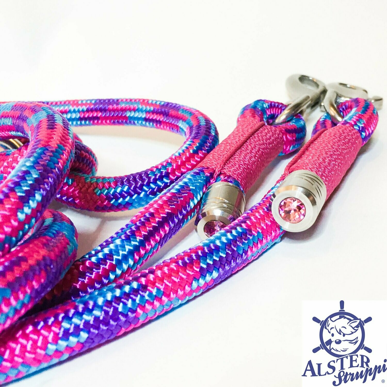 Edle Hundeleine türkis pink lila von AlsterStruppi mit Edelstahl und Kristallstein