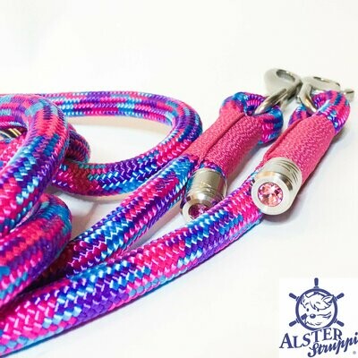 Edle Hundeleine türkis pink lila von AlsterStruppi mit Edelstahl und Kristallstein