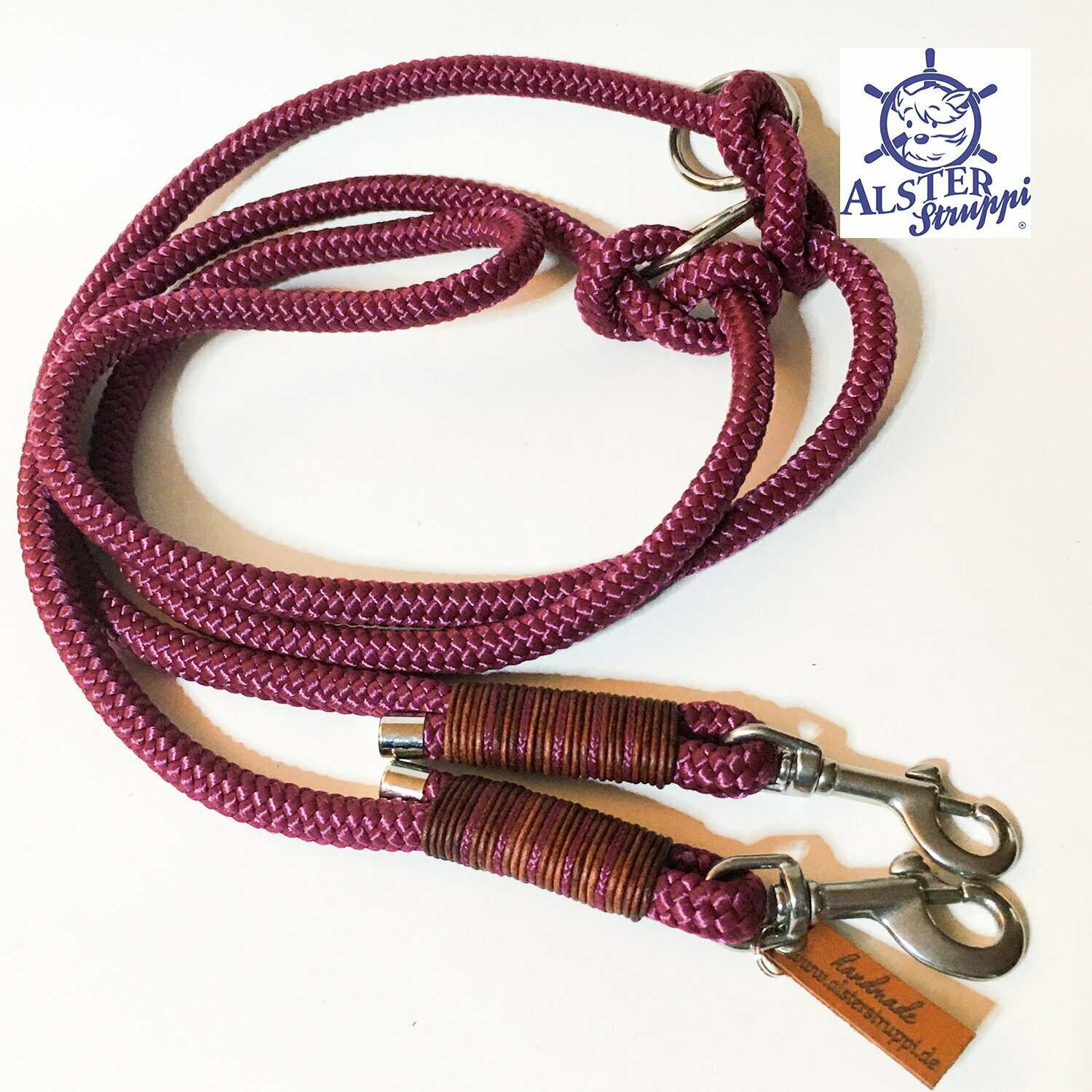 Hundeleine verstellbar aubergine mit Leder AlsterStruppi Wunschlänge