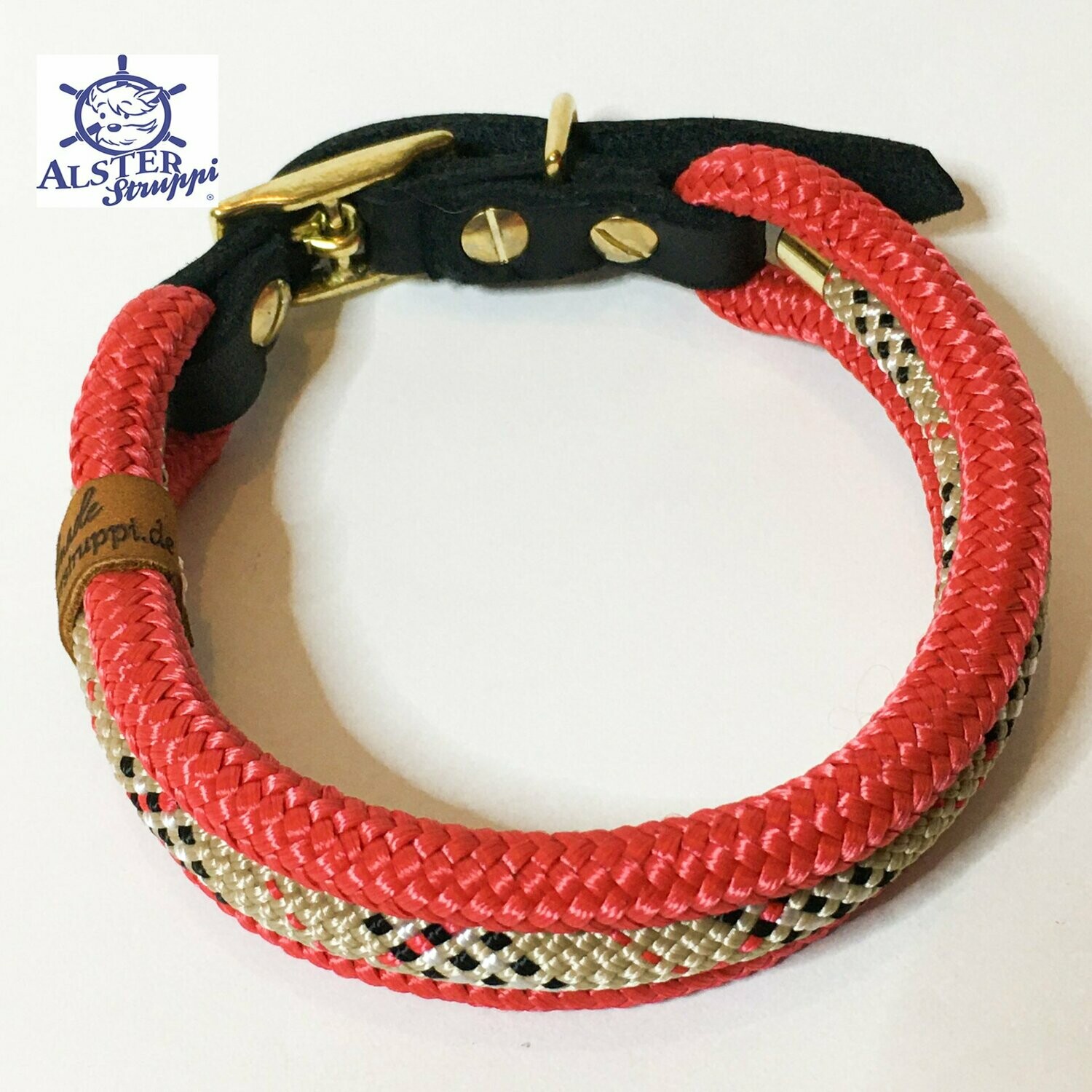 Hundehalsband verstellbar rot beige schwarz weiß mit Leder und Schnalle