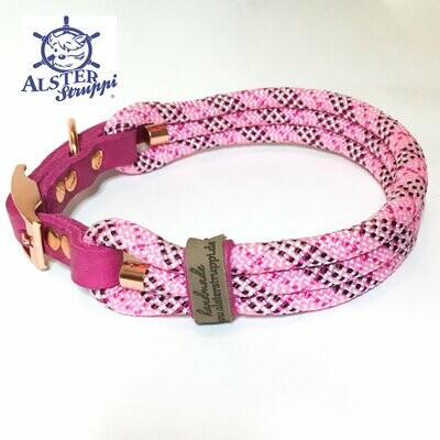 Hundehalsband verstellbar rosa bordeaux pink weiß mit Leder und Schnalle