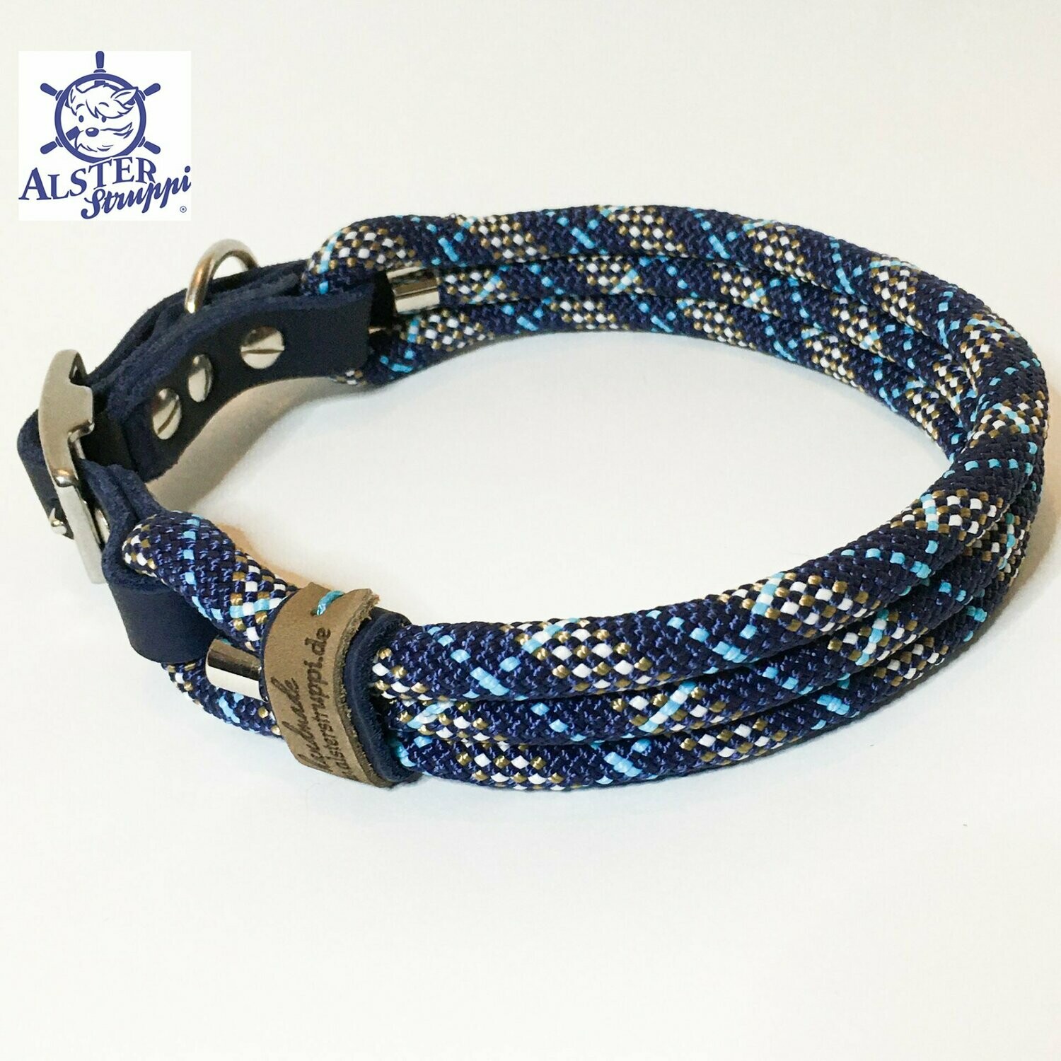Hundehalsband verstellbar blau türkis braun weiß mit Leder und Schnalle