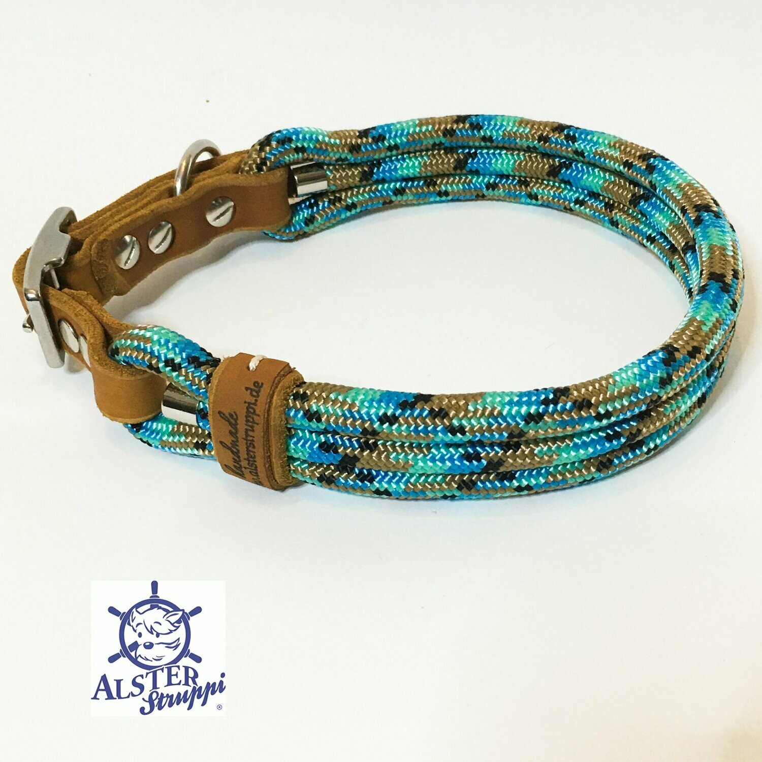 Hundehalsband verstellbar türkis mint cognac mit Leder und Schnalle