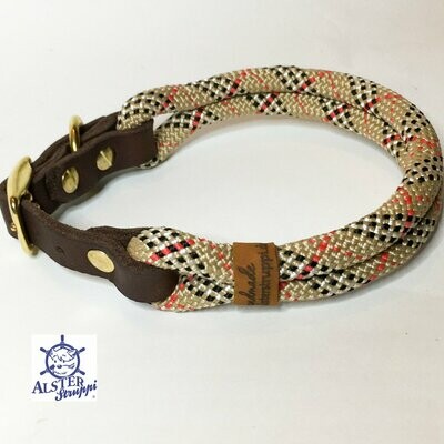 Hundehalsband verstellbar beige rot schwarz weiß mit Leder und Schnalle