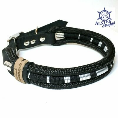 Edles Hundehalsband verstellbar schwarz silber Leder und Schnalle Edelstahl