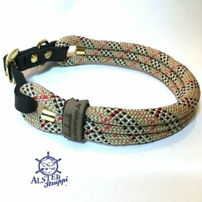 Hundehalsband verstellbar beige rot schwarz weiß mit Schnalle und Leder