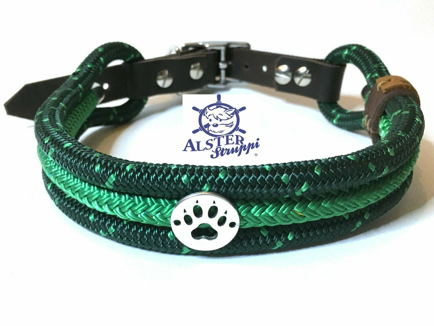 Hundehalsband dunkelgrün grün mit Pfote, Schnalle und Leder