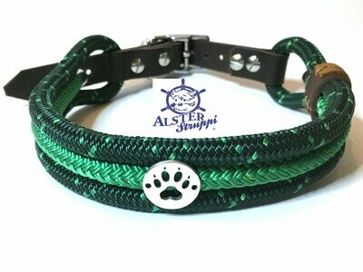 Hundehalsband dunkelgrün grün mit Pfote, Schnalle und Leder