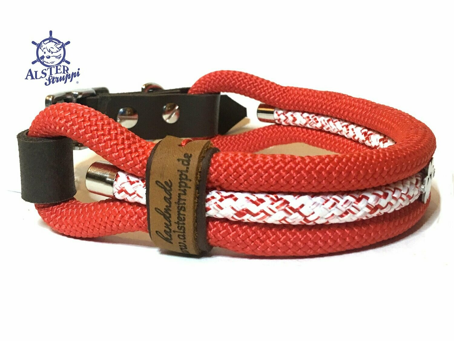 Hundehalsband rot weiß mit Pfote, Schnalle und Leder