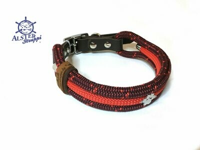 Hundehalsband rot dunkelrot mit Pfote, Schnalle und Leder