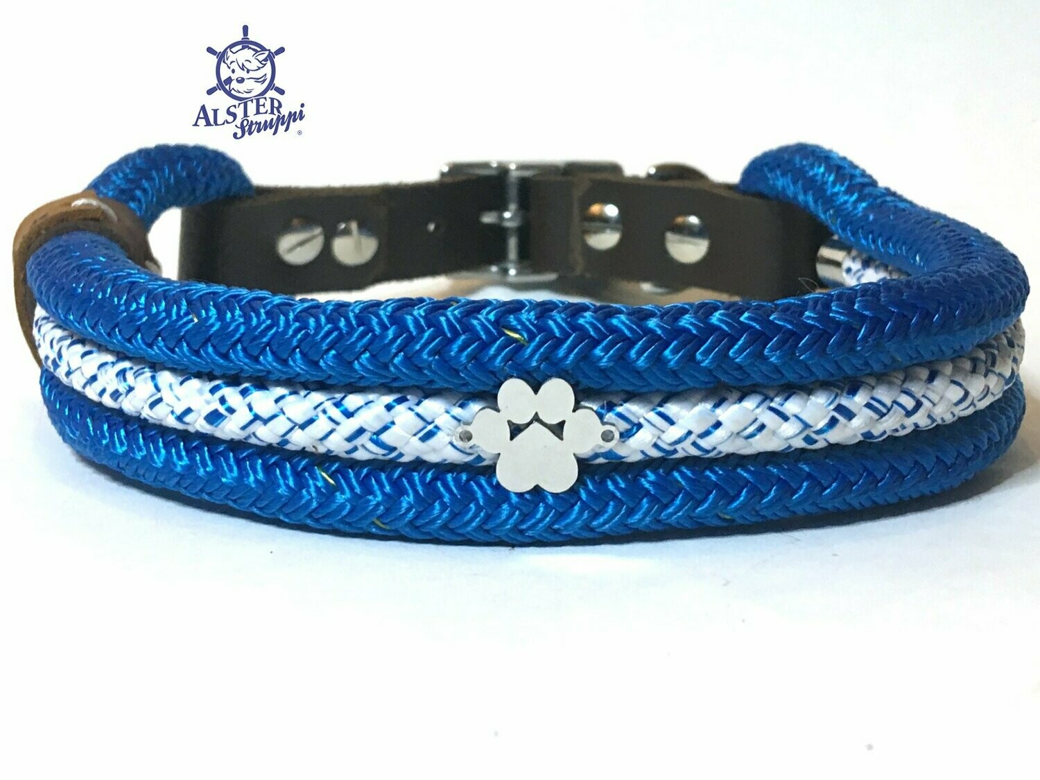 Hundehalsband blau weiß mit Pfote, Schnalle und Leder