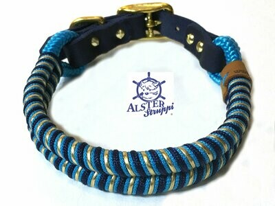 Edles Hundehalsband türkis, gold, blau, von Hand umflochten verstellbar