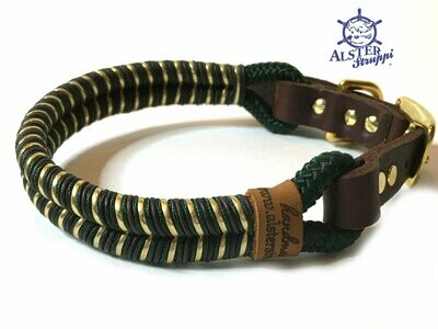 Edles Hundehalsband dunkelgrün, gold, Leder, von Hand umflochten verstellbar